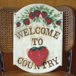 Handpainted Strawberry Wood Country Sign, Red Green Cream Brown